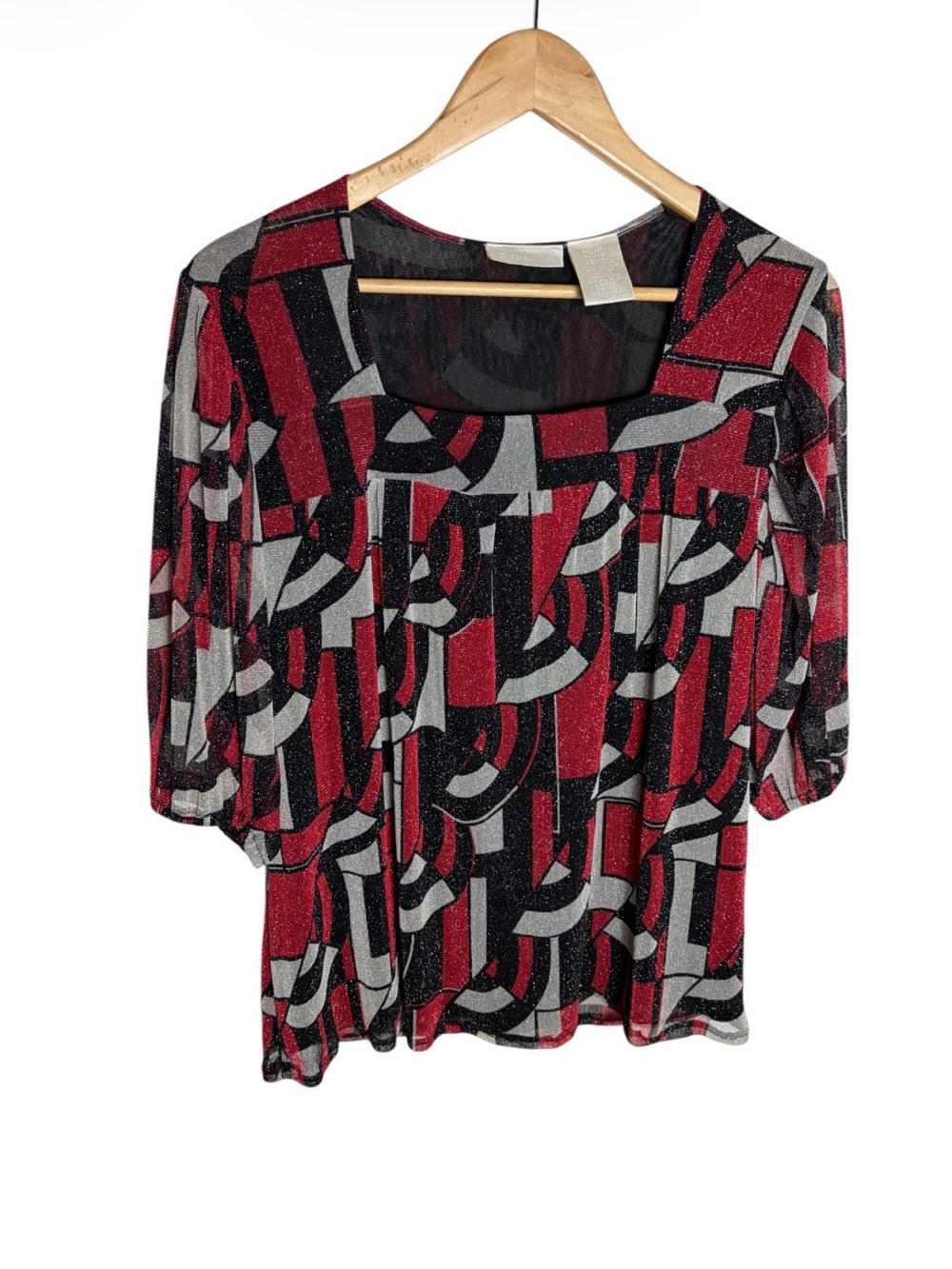 Y2K abstract geometric sparkle square neck mesh blouse size M
